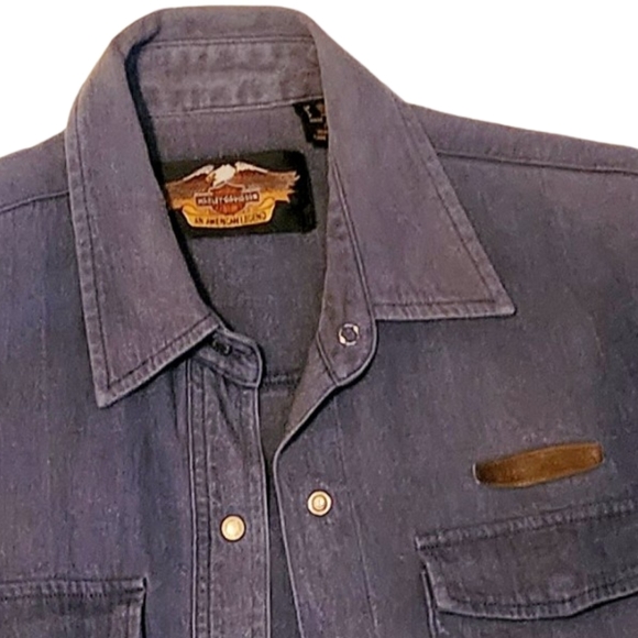 Harley-Davidson denim shorts sleeve press stud top - Picture 2 of 7